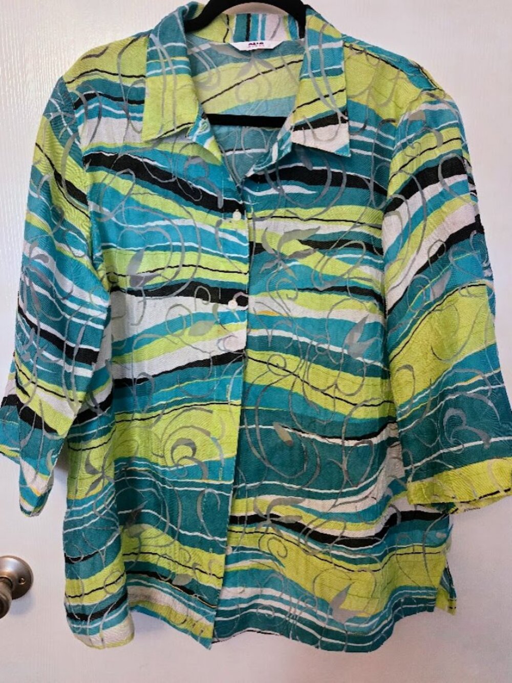 Alia blue green abstract‎ shirt Jacket wide cropped sleeves Size XXL